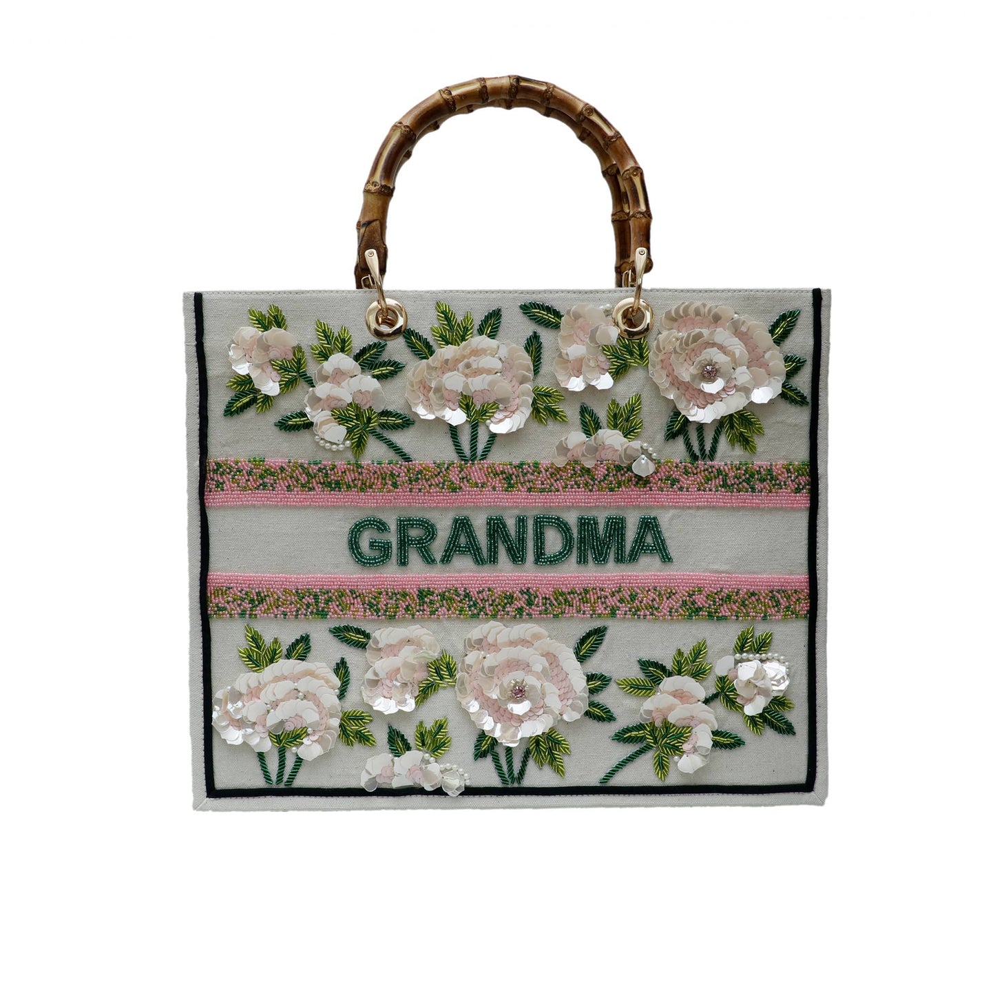 Gigi / Yia Yia Hand Beaded 3D Blush flowers with bamboo Handle