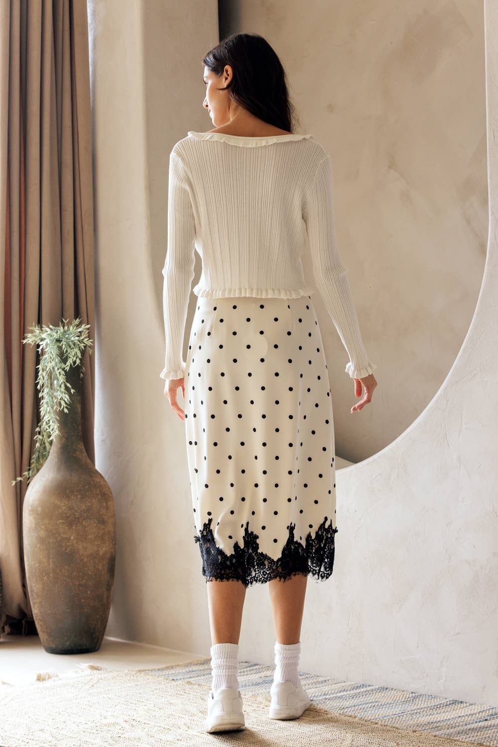 JS5578A - POLKA DOT MIDI SKIRT WITH LACE HEM