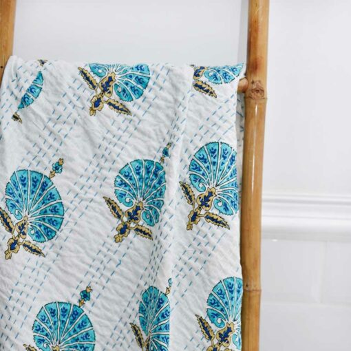 Aqua Shell Cotton Kantha Throw
