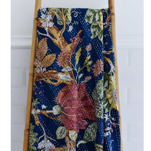 Blue Carnation Print Kantha Throw