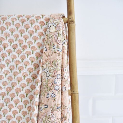 Peach & Green Floral Print Double Sided Kantha Throw