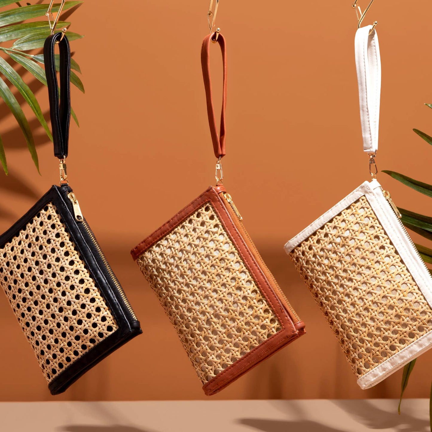 Cream Woven Rattan & Leather Wristlet Pouch | Summer Luxe