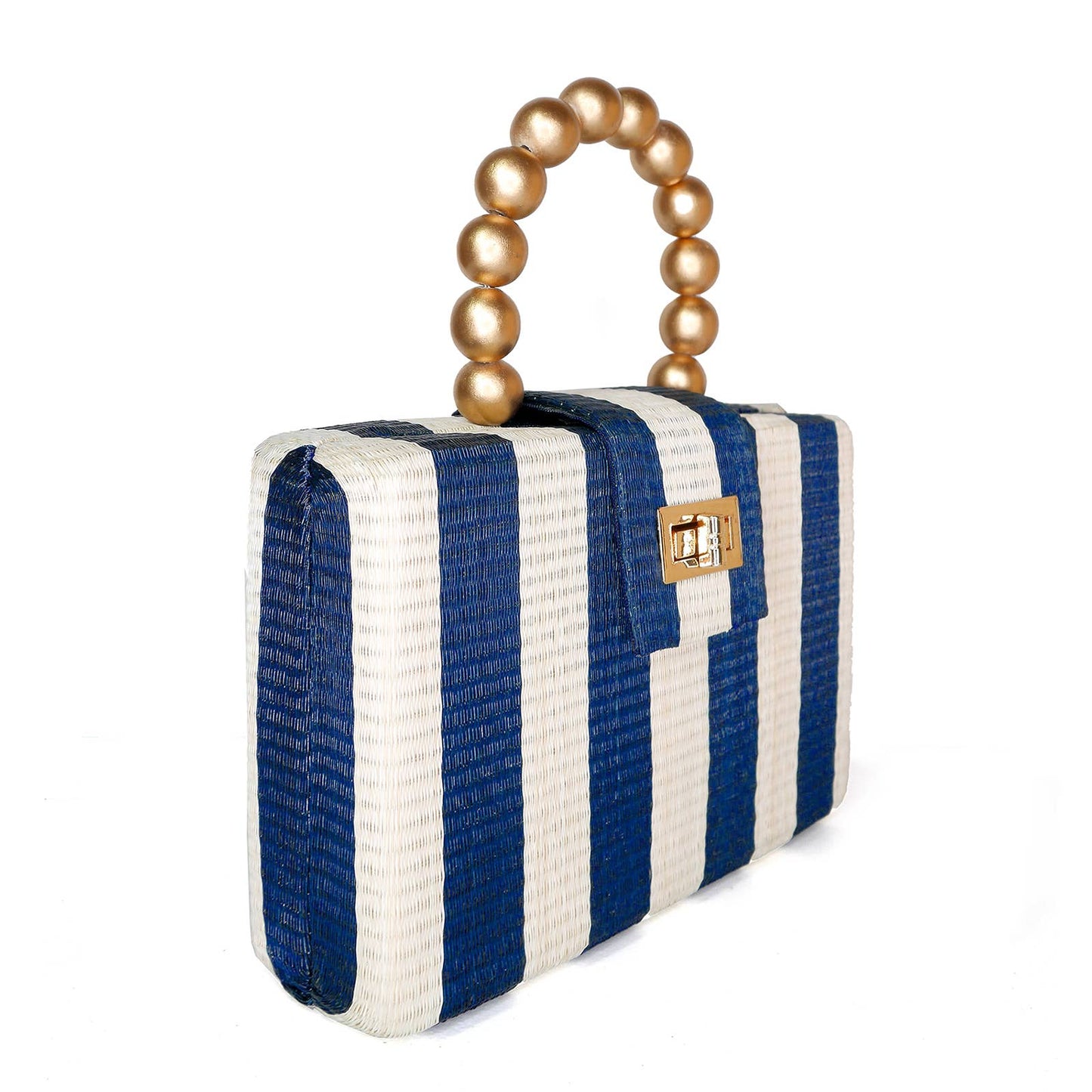 Navy Stripe Clutch | Gold Bead Handle |