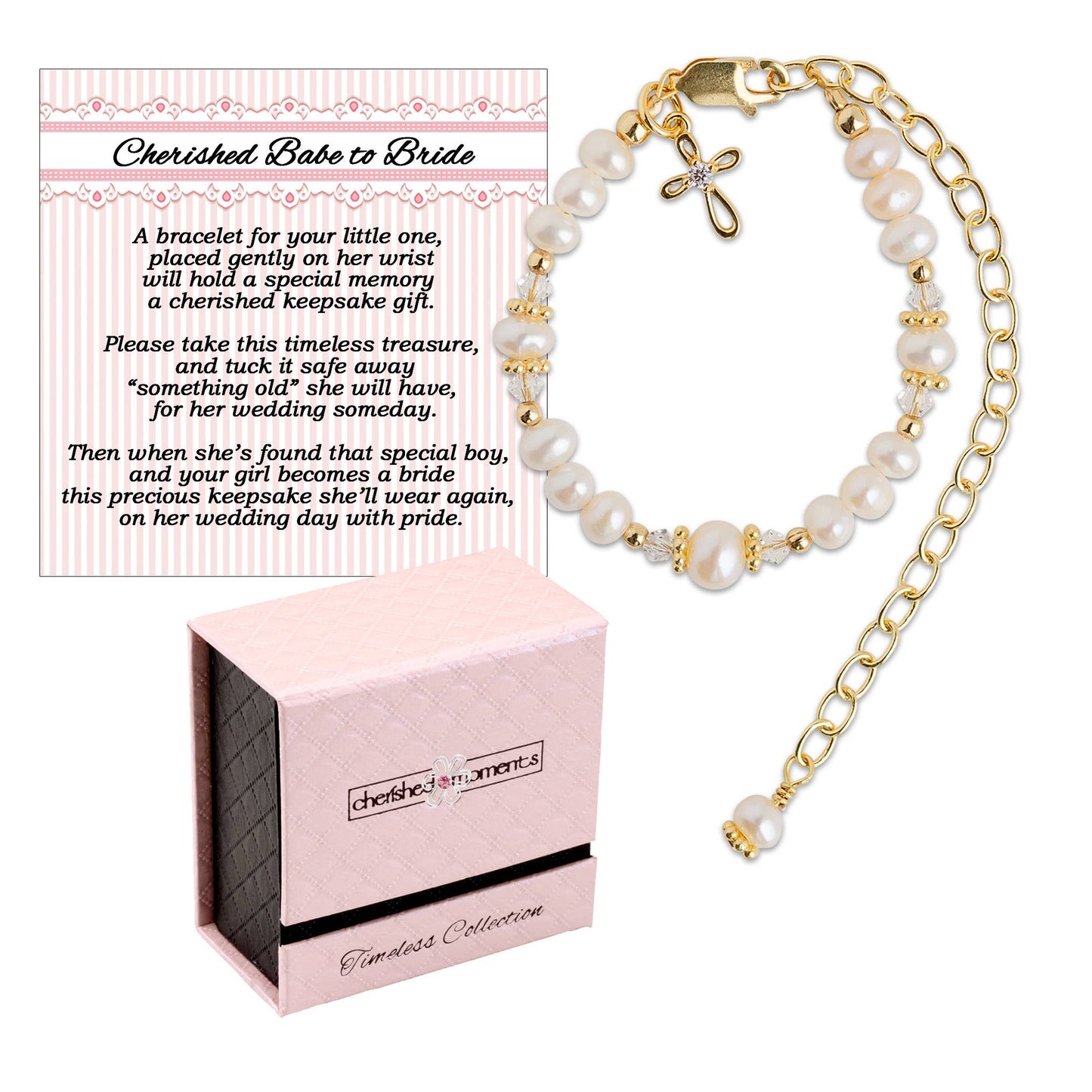 14K Gold Cherished Babe to Bride Cross Bracelet Gift
