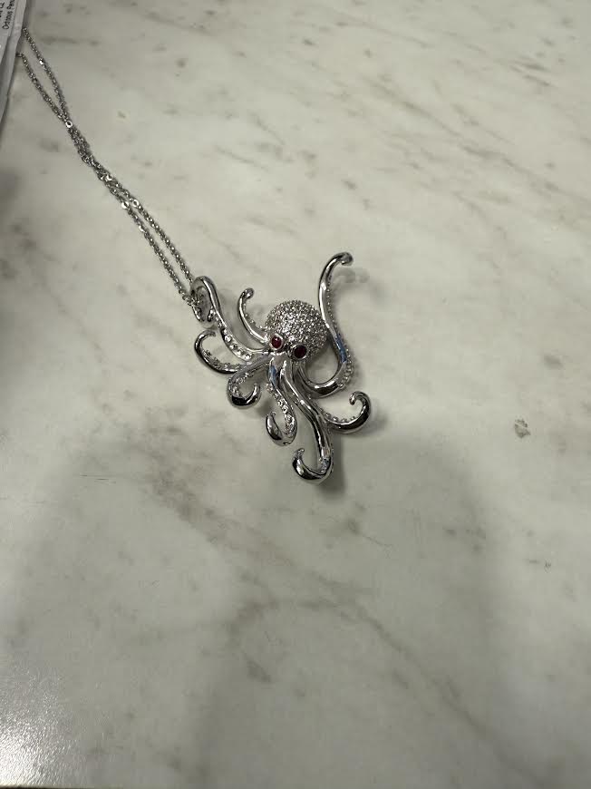 Octopus Cz Head Pendant Red Eyes, Sterling Silver