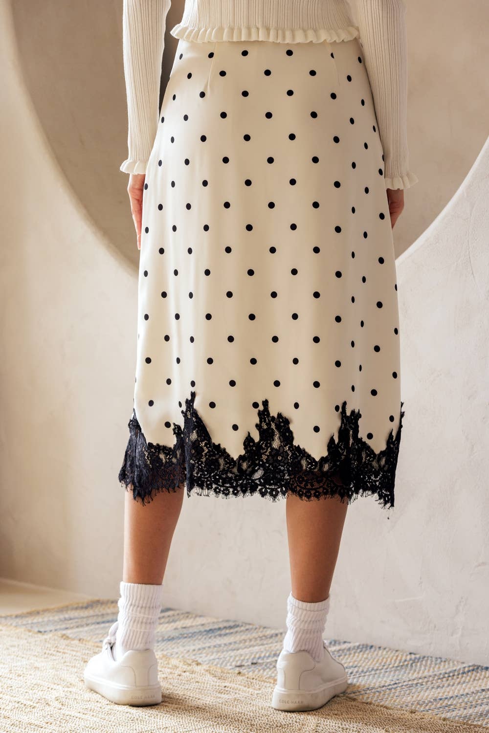 JS5578A - POLKA DOT MIDI SKIRT WITH LACE HEM
