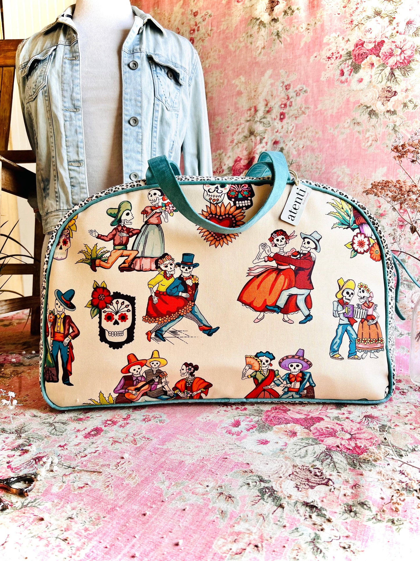 Dia de Los Muertos Overnighter – Handmade Weekender Bag, Durable Canvas with Teal Accents