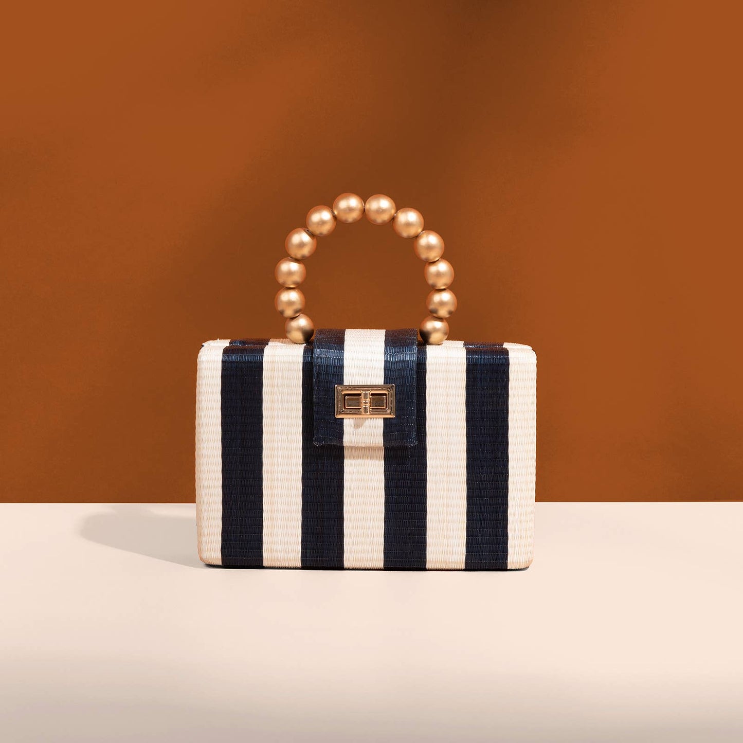 Navy Stripe Clutch | Gold Bead Handle |