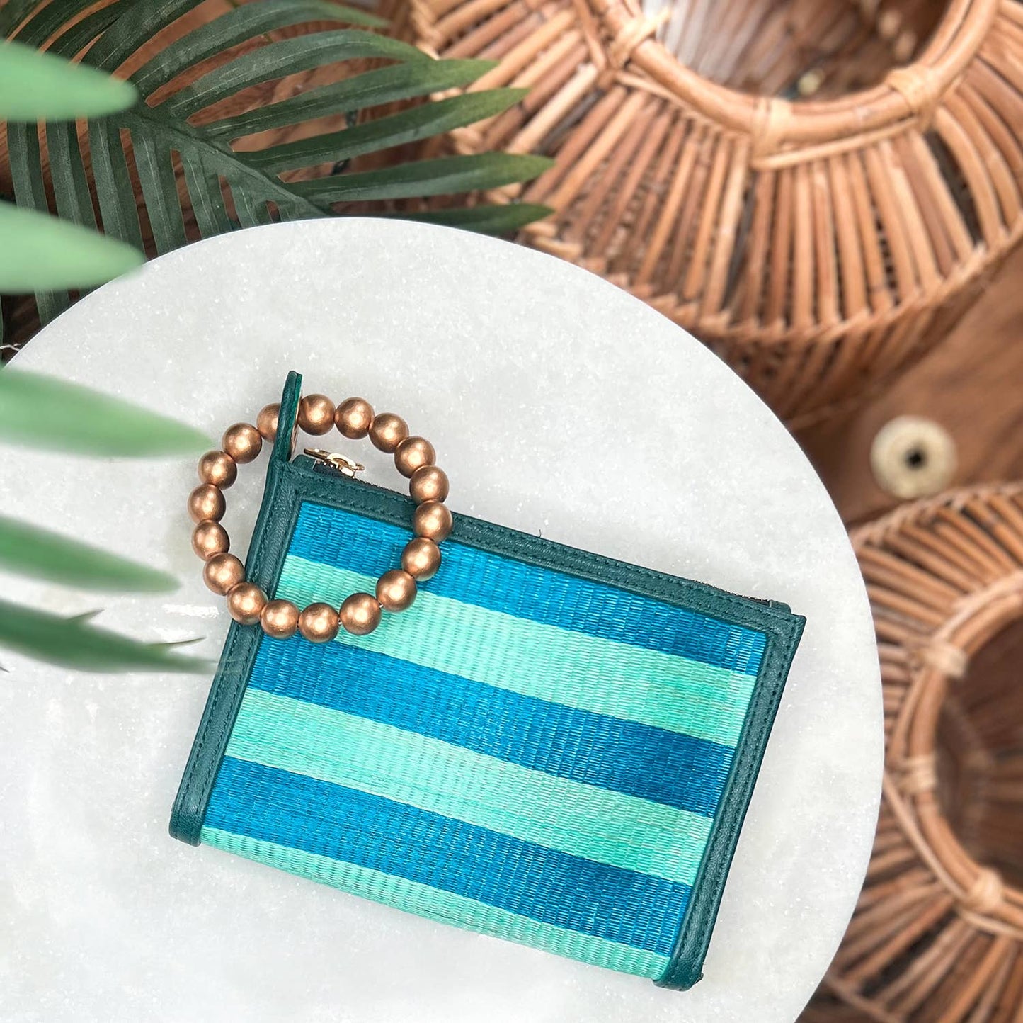 Blue & Turquoise Stripe Woven Straw Wristlet Pouch | Summer
