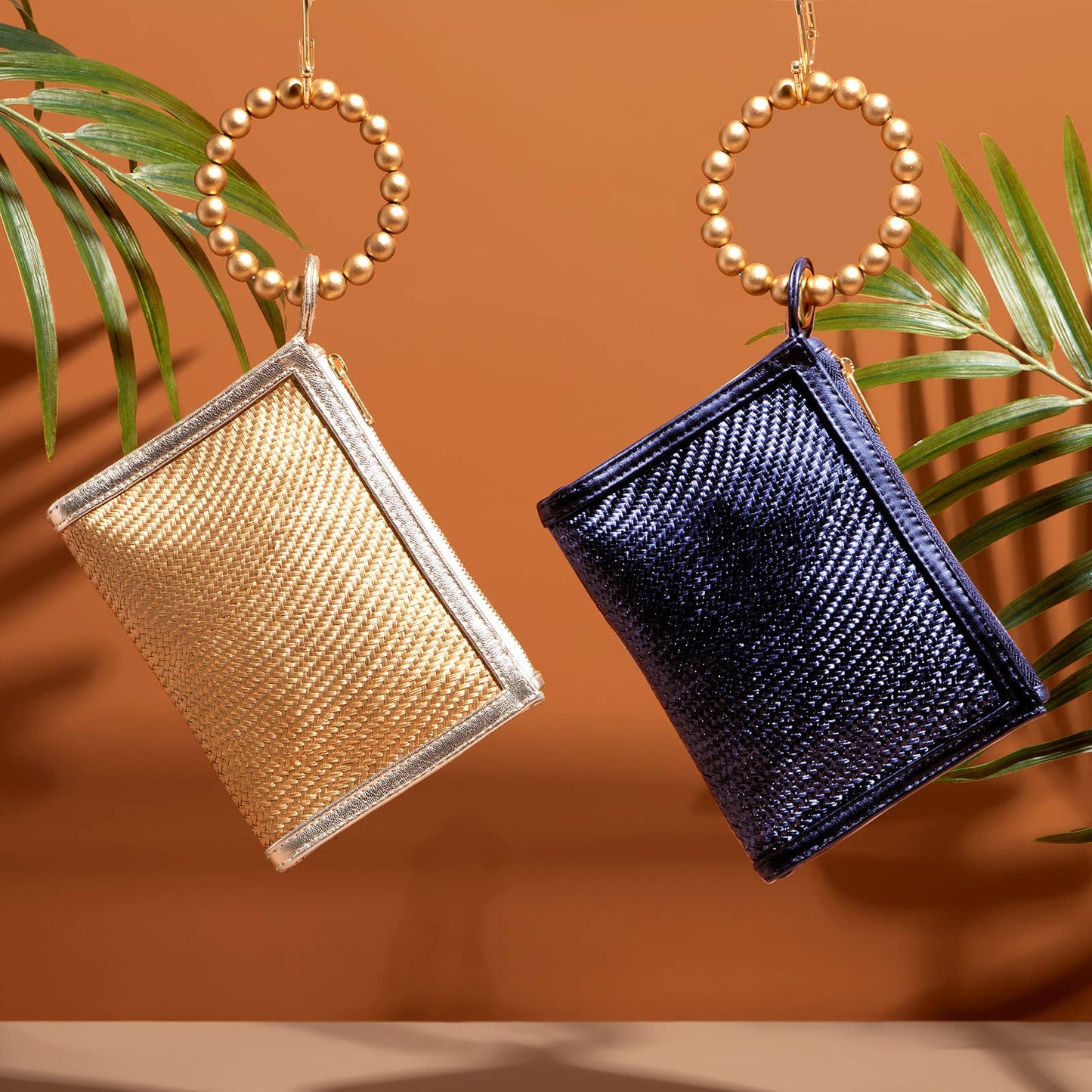 Navy Blue Woven Gold Bead Handle Wristlet Pouch  | Summer