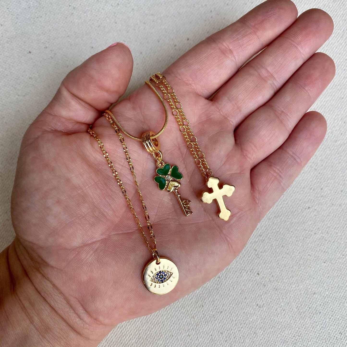 18K Gold-Filled Evil Eye, Lucky Clover, Cross Necklace