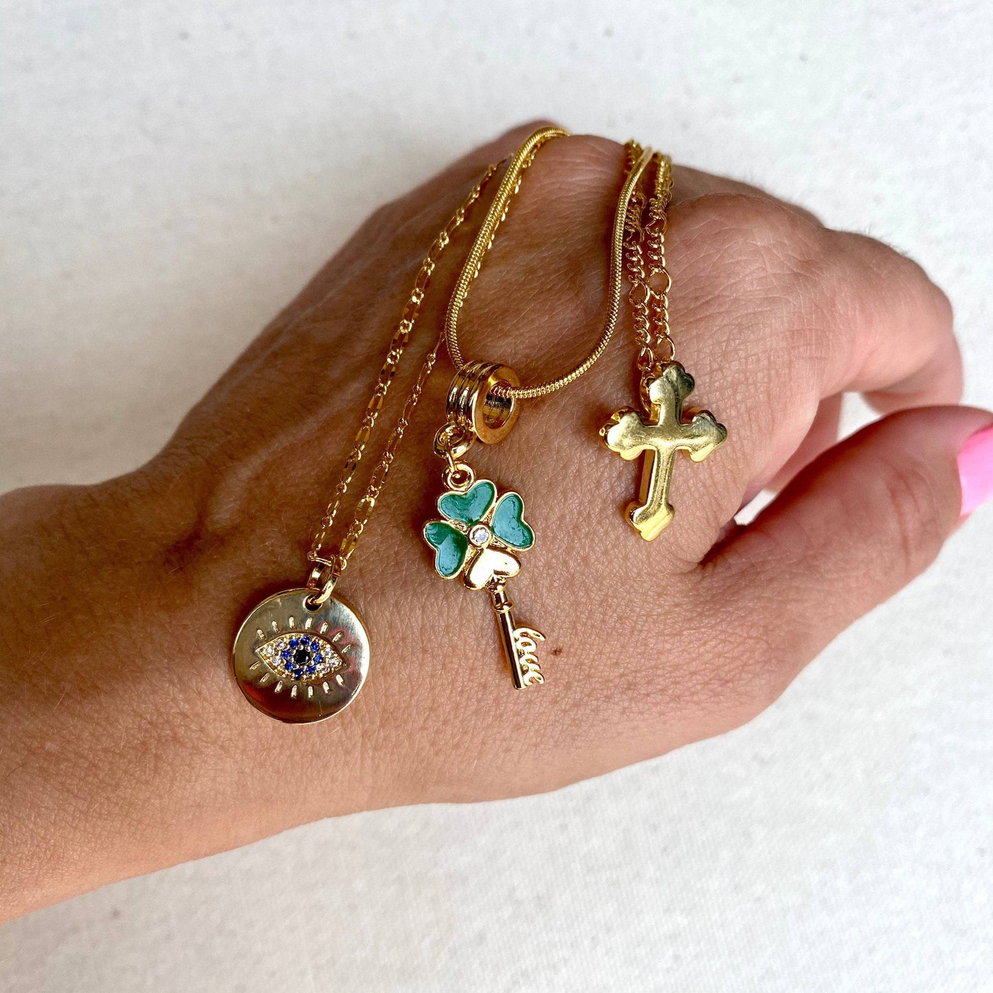 18K Gold-Filled Evil Eye, Lucky Clover, Cross Necklace