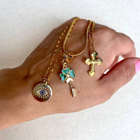 18K Gold-Filled Evil Eye, Lucky Clover, Cross Necklace