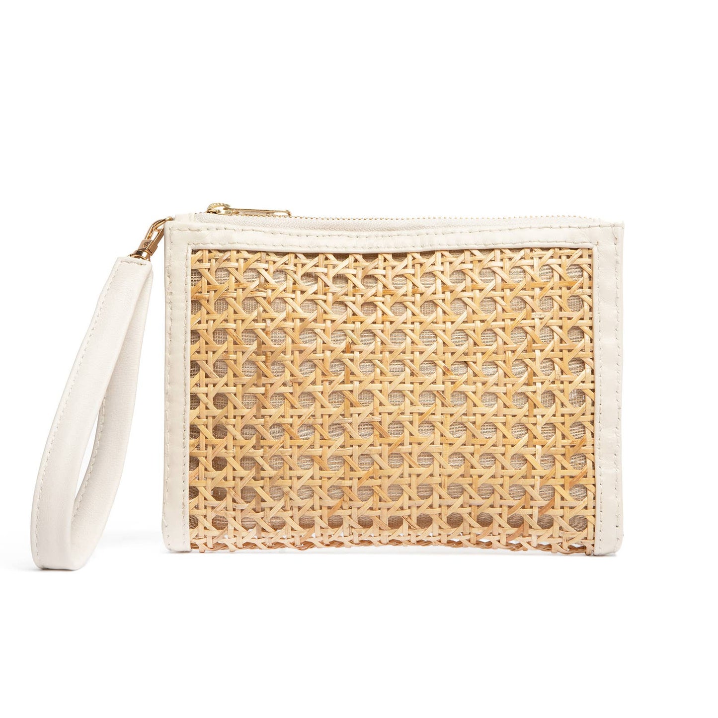 Cream Woven  Rattan & Leather  Wristlet Pouch  | Summer Luxe