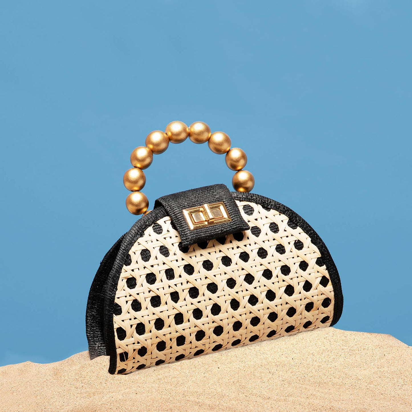 Black Straw Clutch | Gold Bead Handle | Summer Evening 202