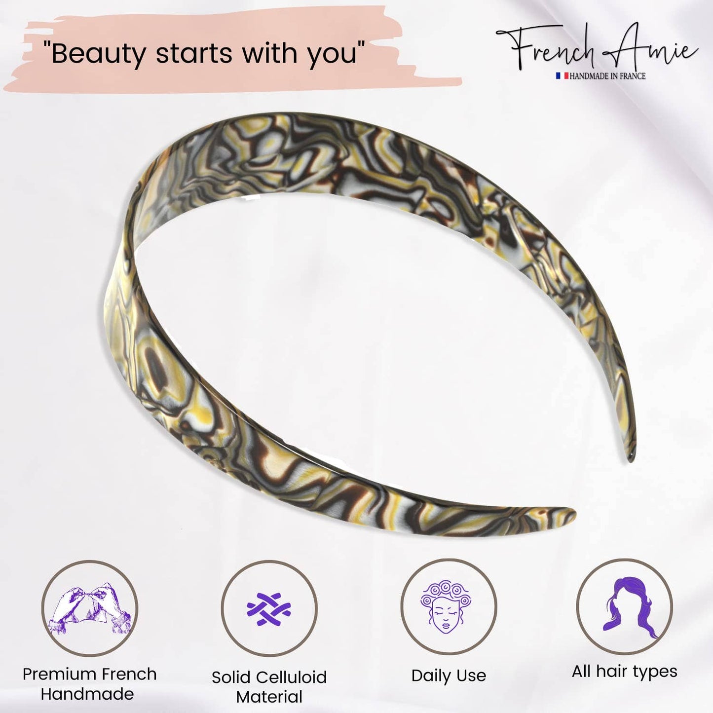 French Amie Ultracomfort Wide 1 1/4" Celluloid Handmade French Hair Headband
