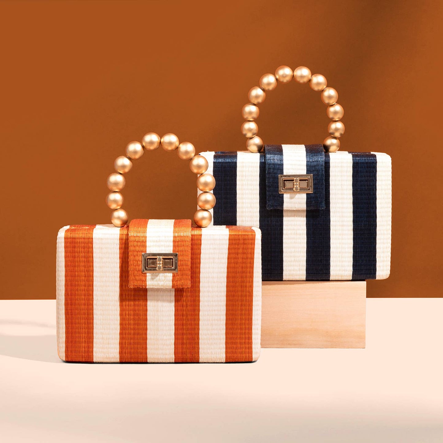 Navy Stripe Clutch | Gold Bead Handle |