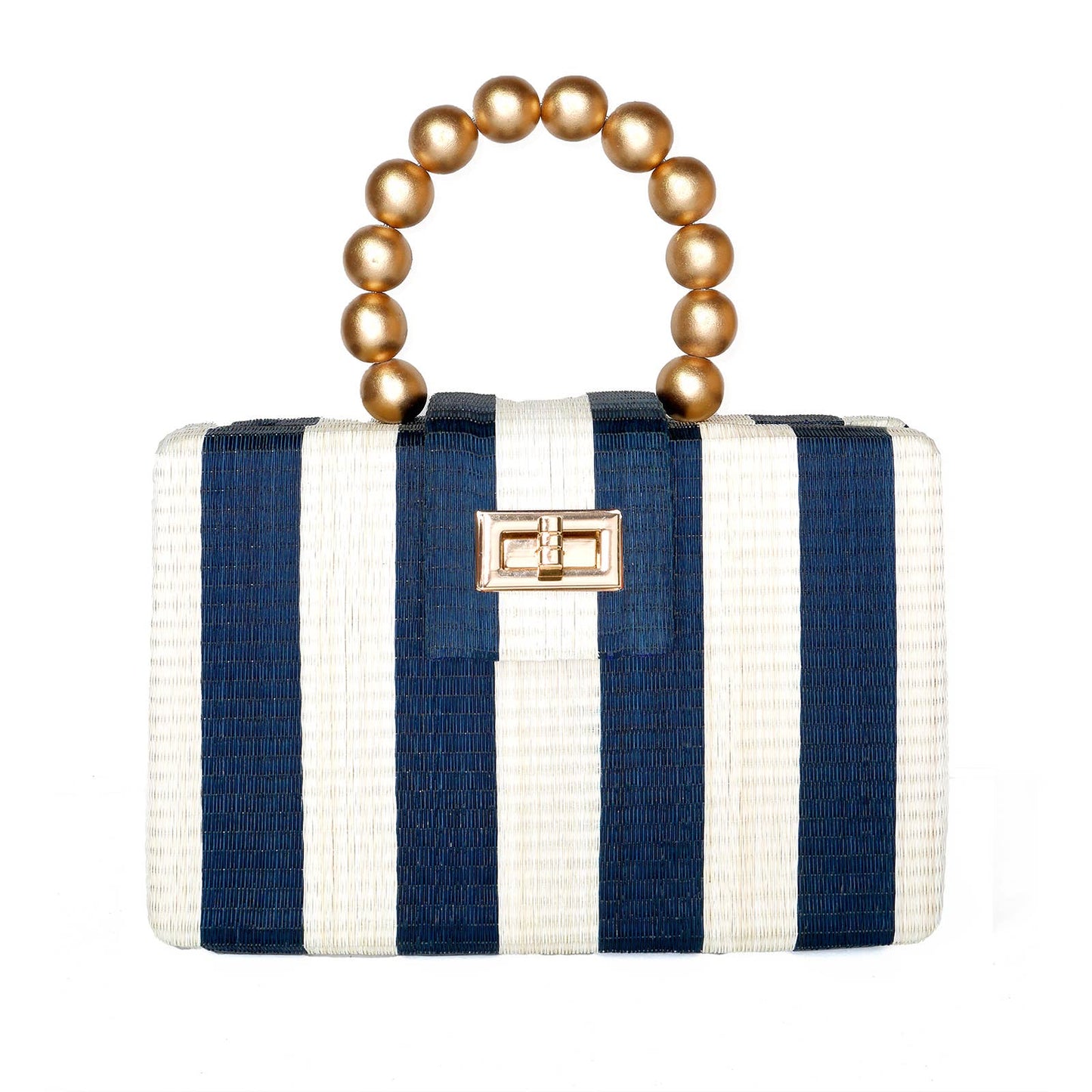 Navy Stripe Clutch | Gold Bead Handle |