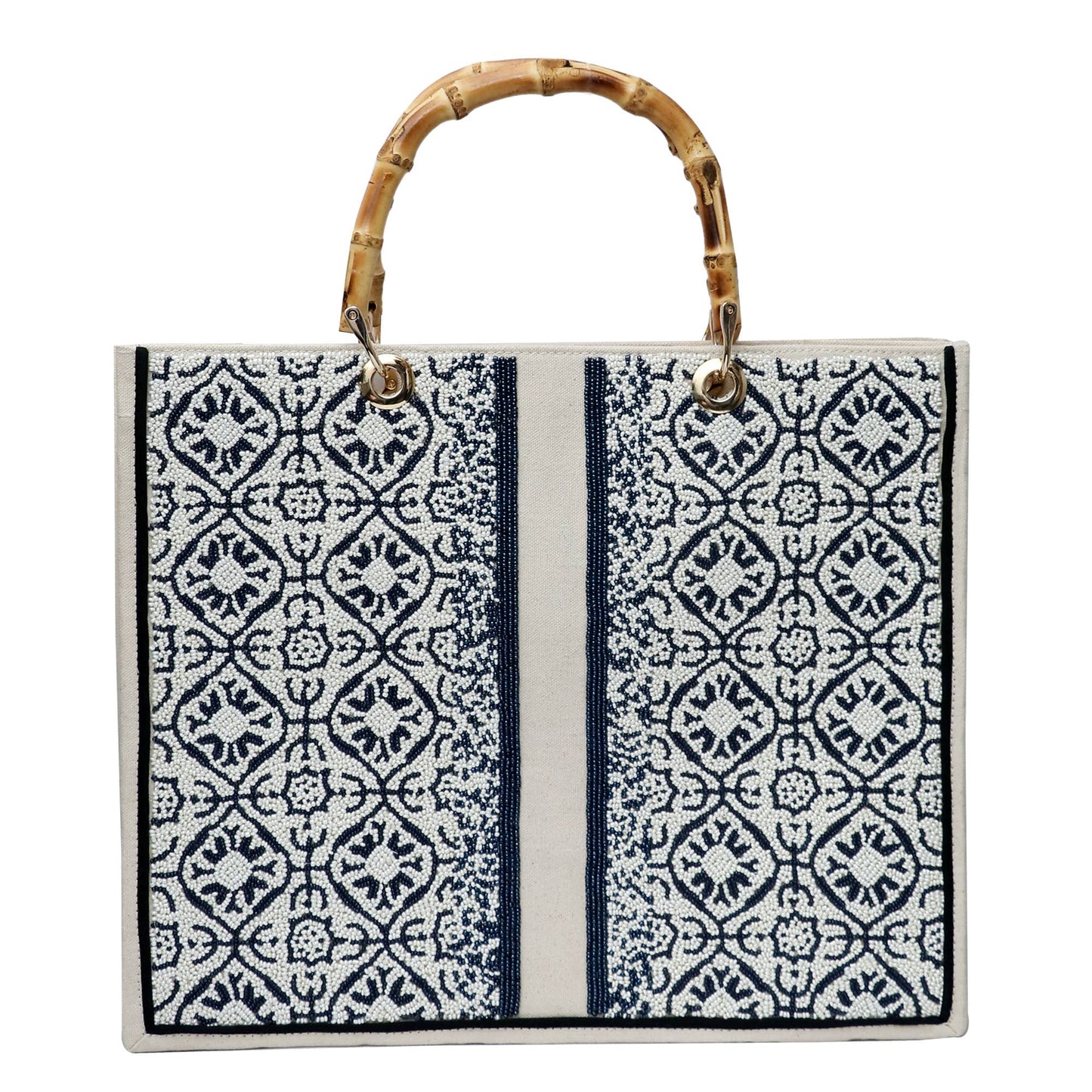 Yia Yia Hand Beaded Cobalt and White Tote bamboo Handles