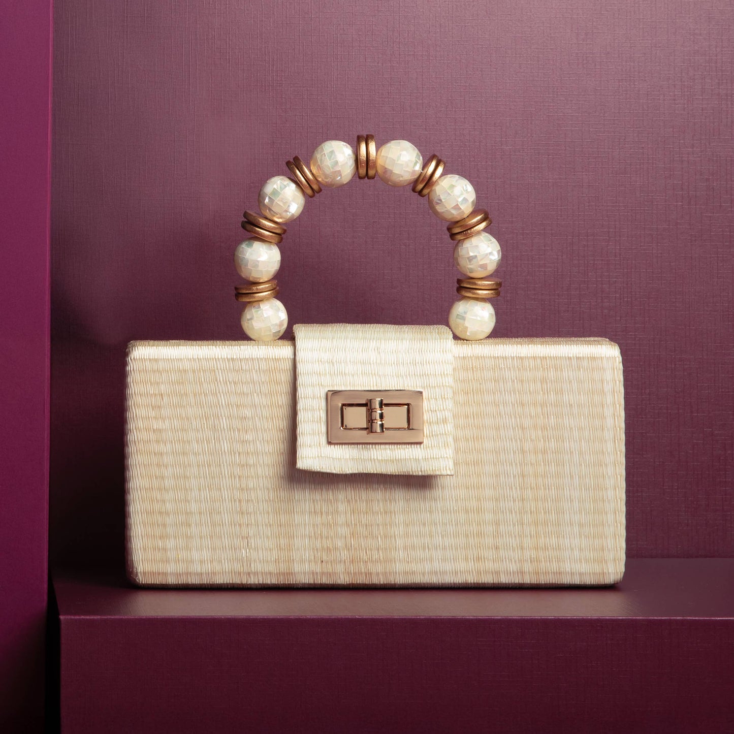Christmas Party Clutch - Cream with Shell Inlay Bead Handle