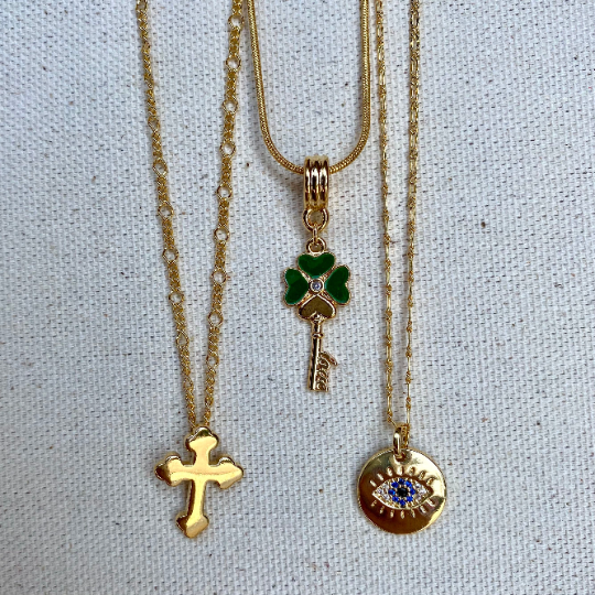 18K Gold-Filled Evil Eye, Lucky Clover, Cross Necklace