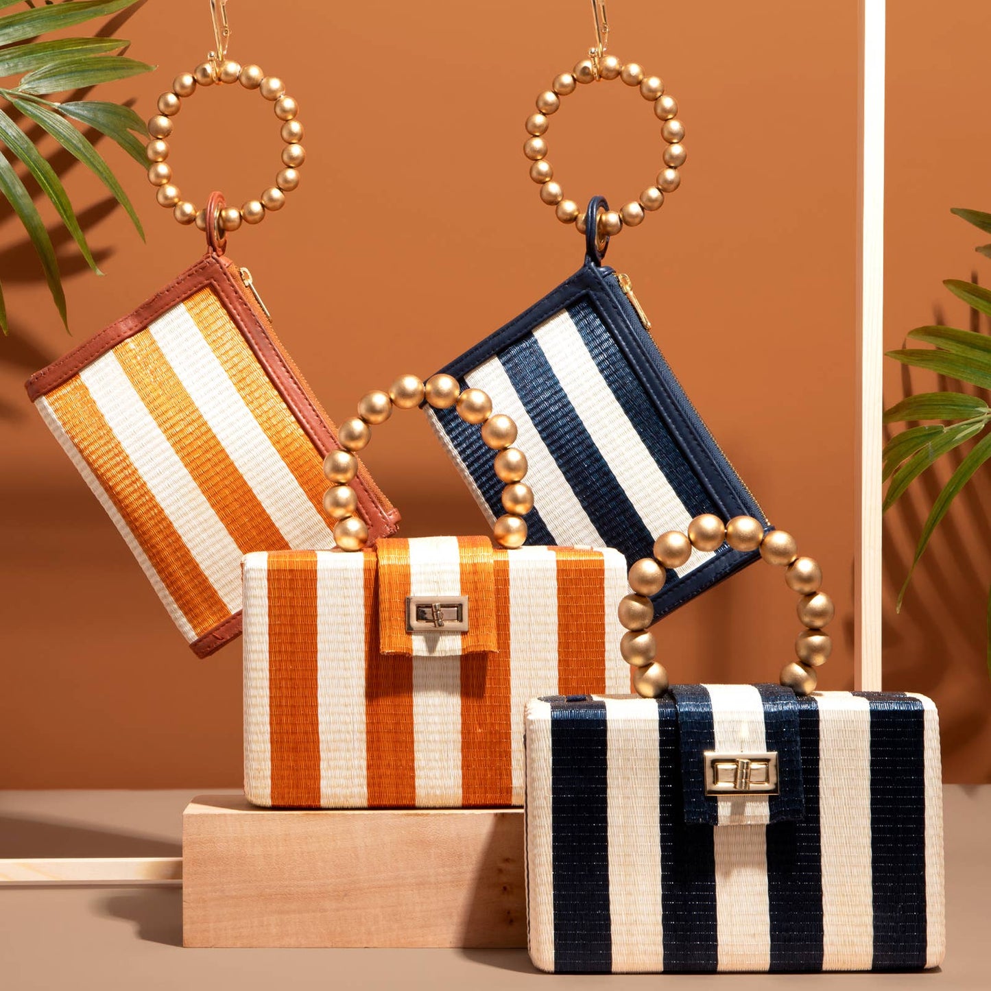 Navy Stripe Clutch | Gold Bead Handle |