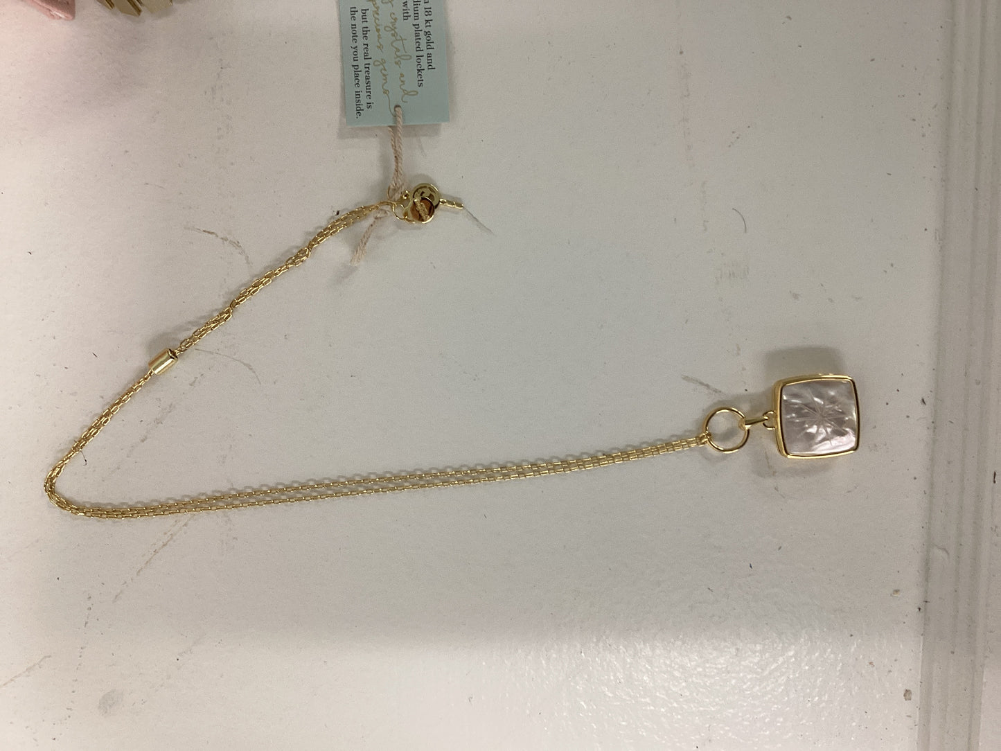 Square Locket Slide Necklace 28” Carved Mother of Pearl