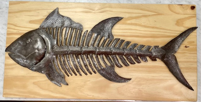 Metal Fish Bones Mounted on Wood Wall Art