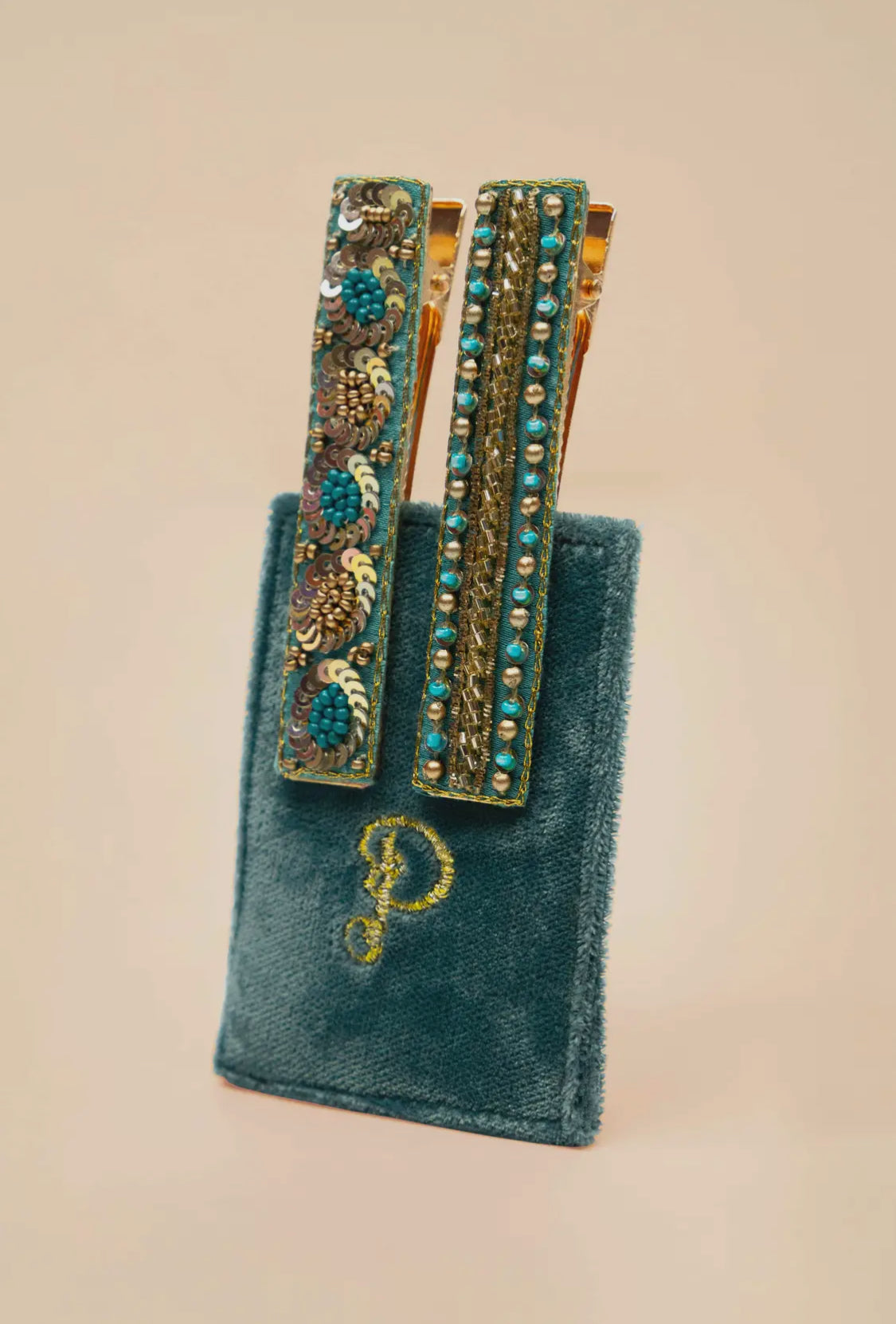 Narrow Jewelled Hair Bar- Teal Ovals & Beads