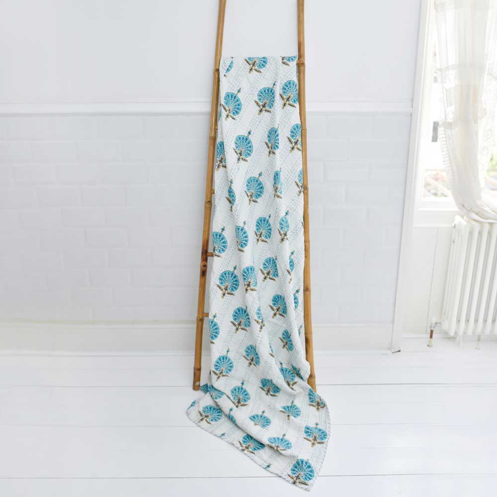 Aqua Shell Cotton Kantha Throw