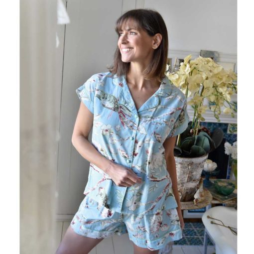 Blue Blossom Short Pyjama Set With Piping