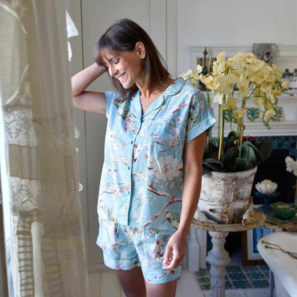 Blue Blossom Short Pyjama Set With Piping