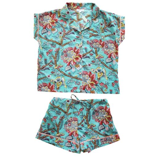 Blue Orchid Short Pyjama & Teal Exotic Flower Print Lined Wash Bag Set