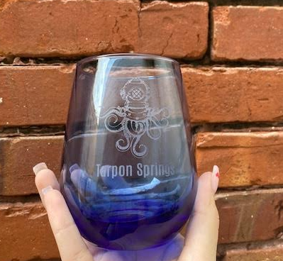 Custom Etched Blue Stemless Wine Glass