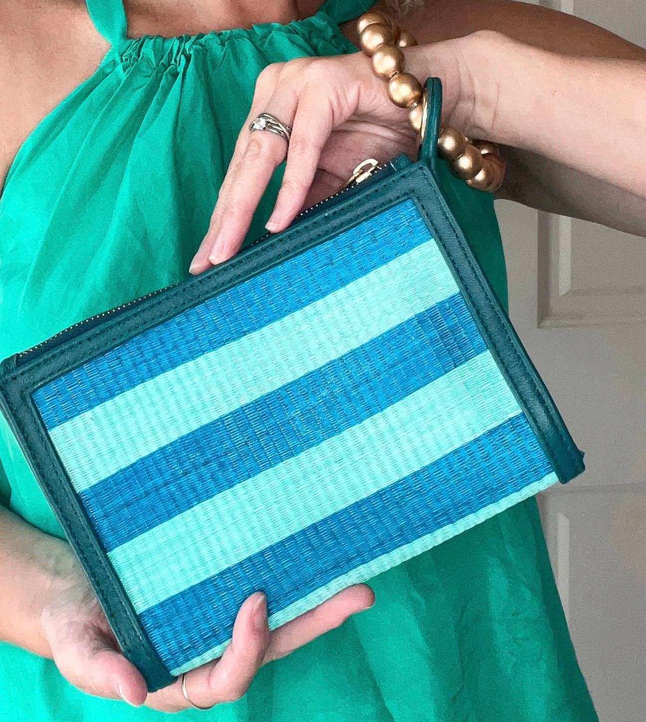 Blue & Turquoise Stripe Woven Straw Wristlet Pouch | Summer