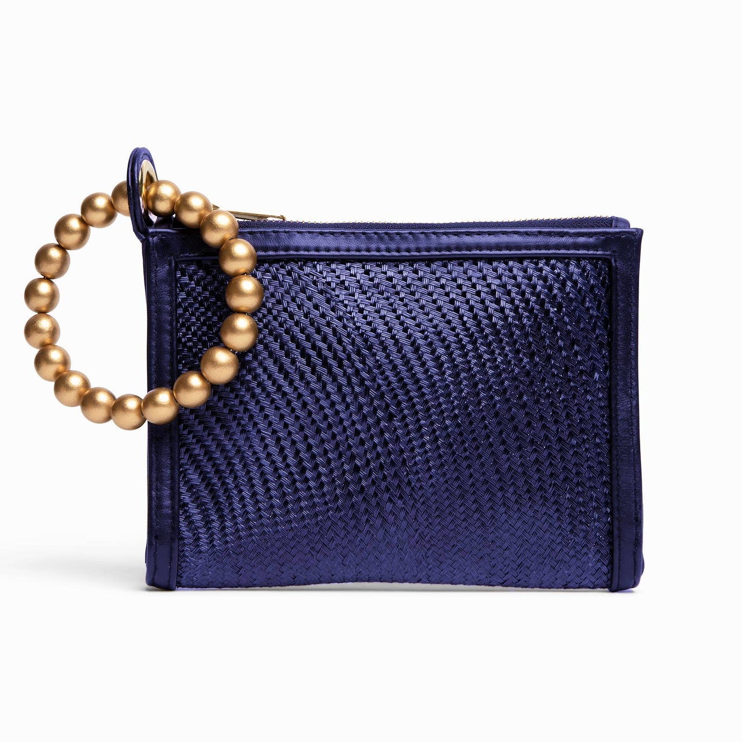 Navy Blue Woven Gold Bead Handle Wristlet Pouch  | Summer