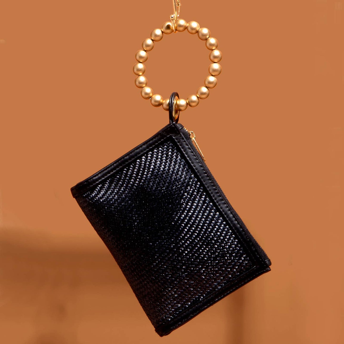 Black Woven Luxe Gold Bead Handle Wristlet Pouch  | Summer