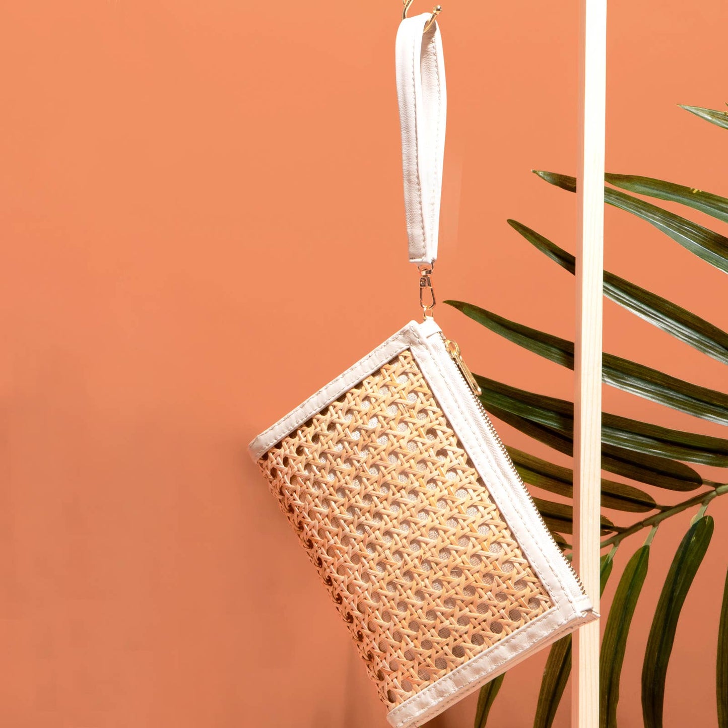 Cream Woven  Rattan & Leather  Wristlet Pouch  | Summer Luxe