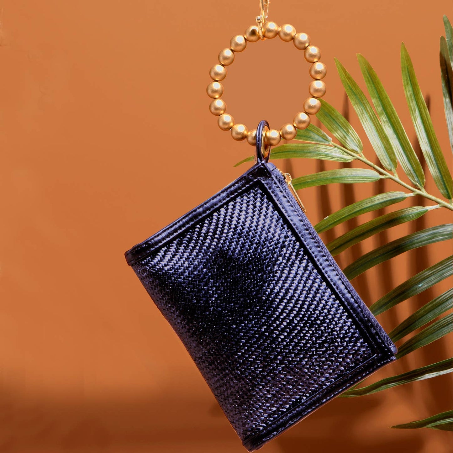 Navy Blue Woven Gold Bead Handle Wristlet Pouch  | Summer