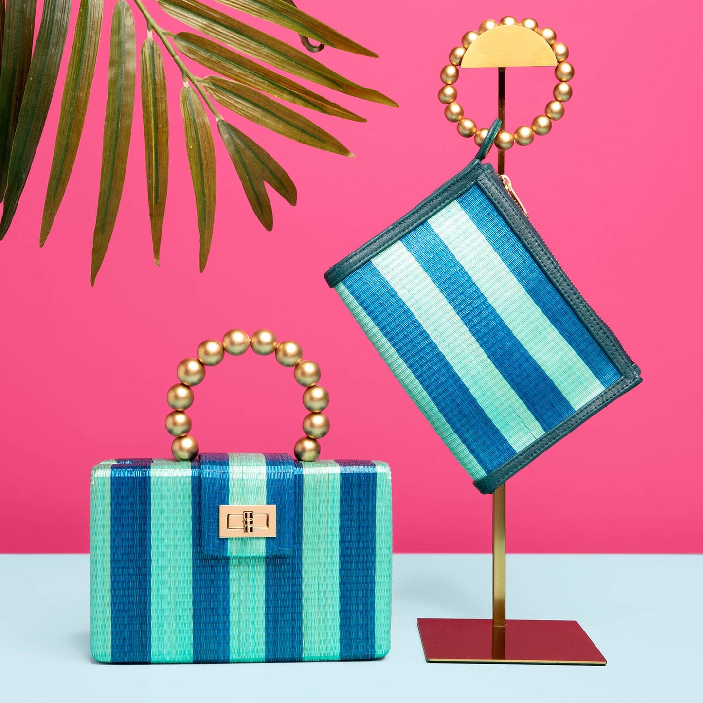 Blue & Turquoise Stripe Woven Straw Wristlet Pouch | Summer