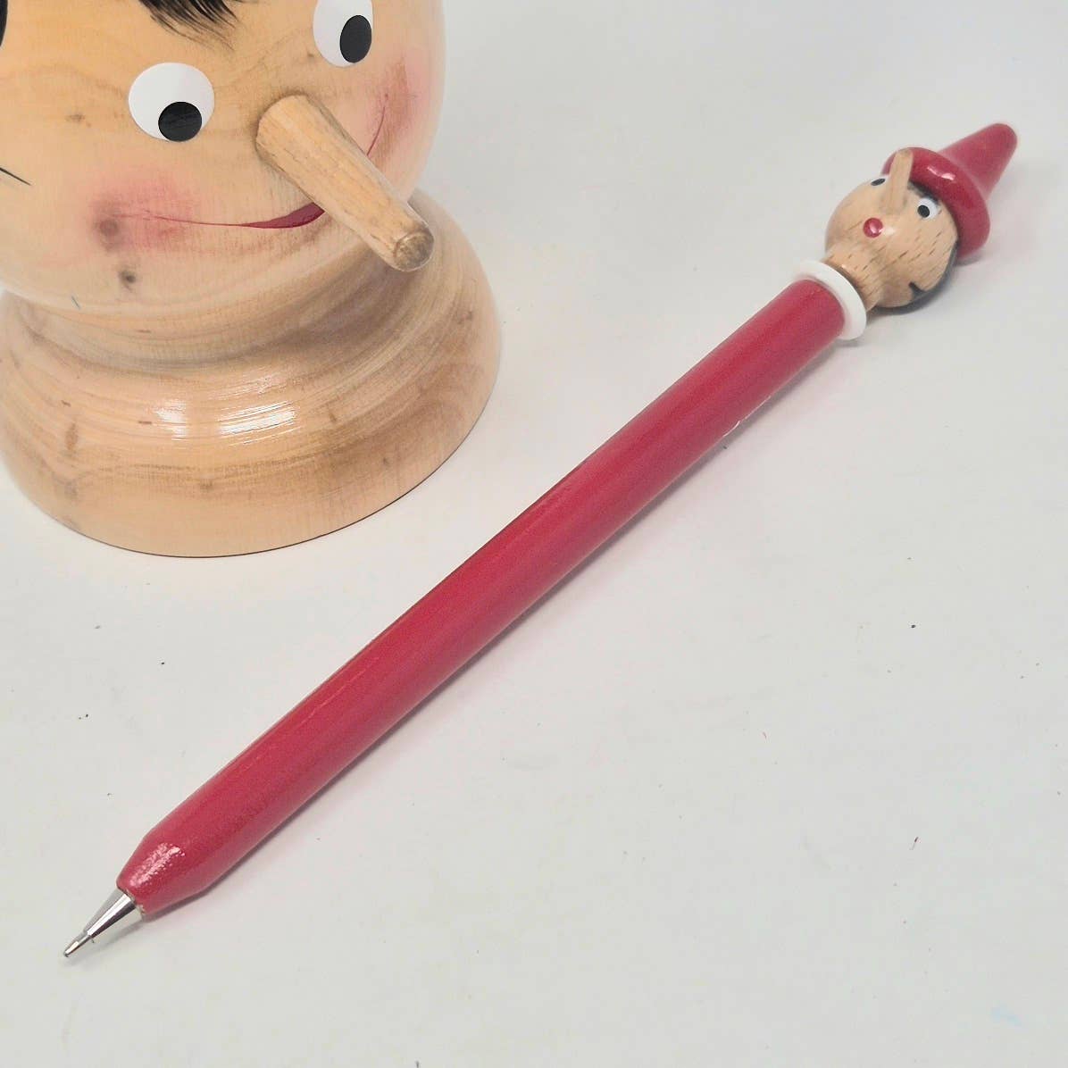 Pinocchio Wooden Pen, Red, Handmade, Vintage