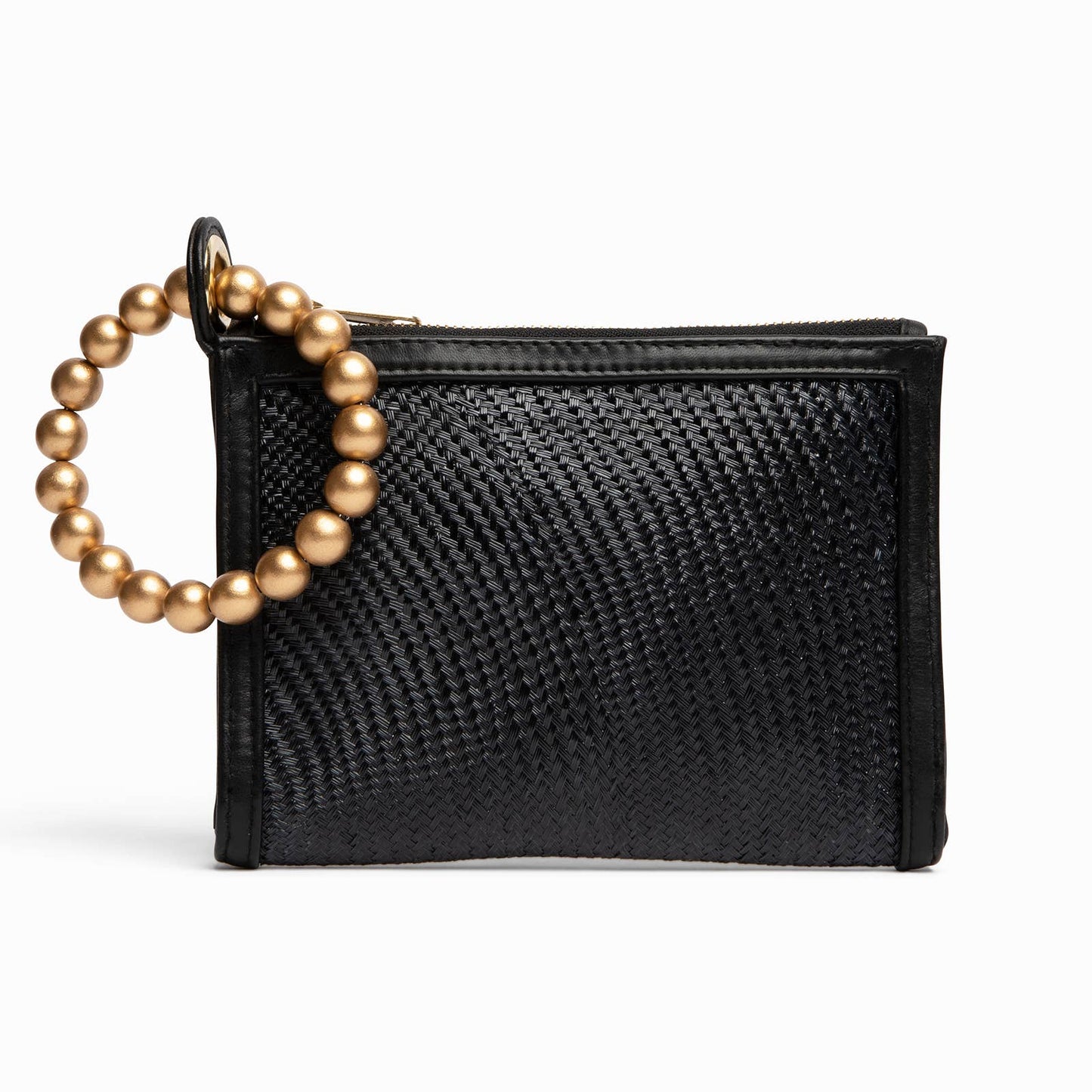 Black Woven Luxe Gold Bead Handle Wristlet Pouch  | Summer