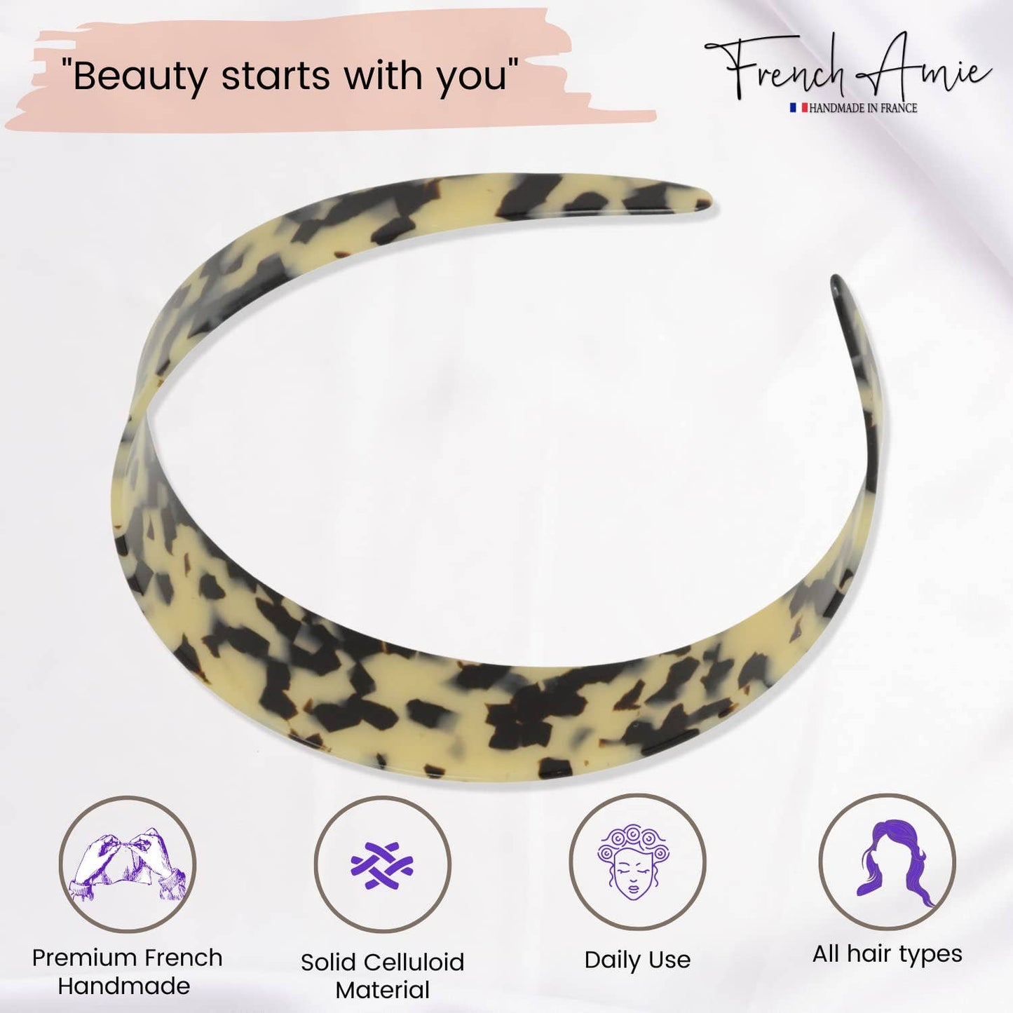 French Amie Ultracomfort Wide 1 1/4" Celluloid Handmade French Hair Headband