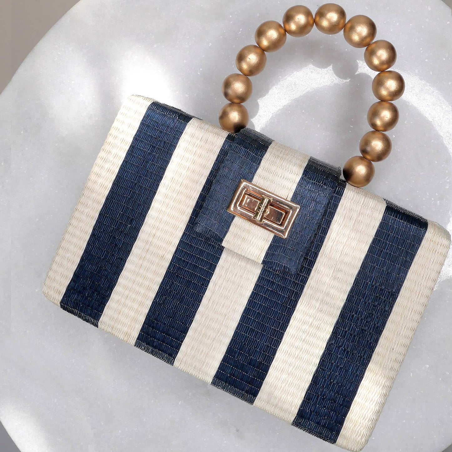 Navy Stripe Clutch | Gold Bead Handle |