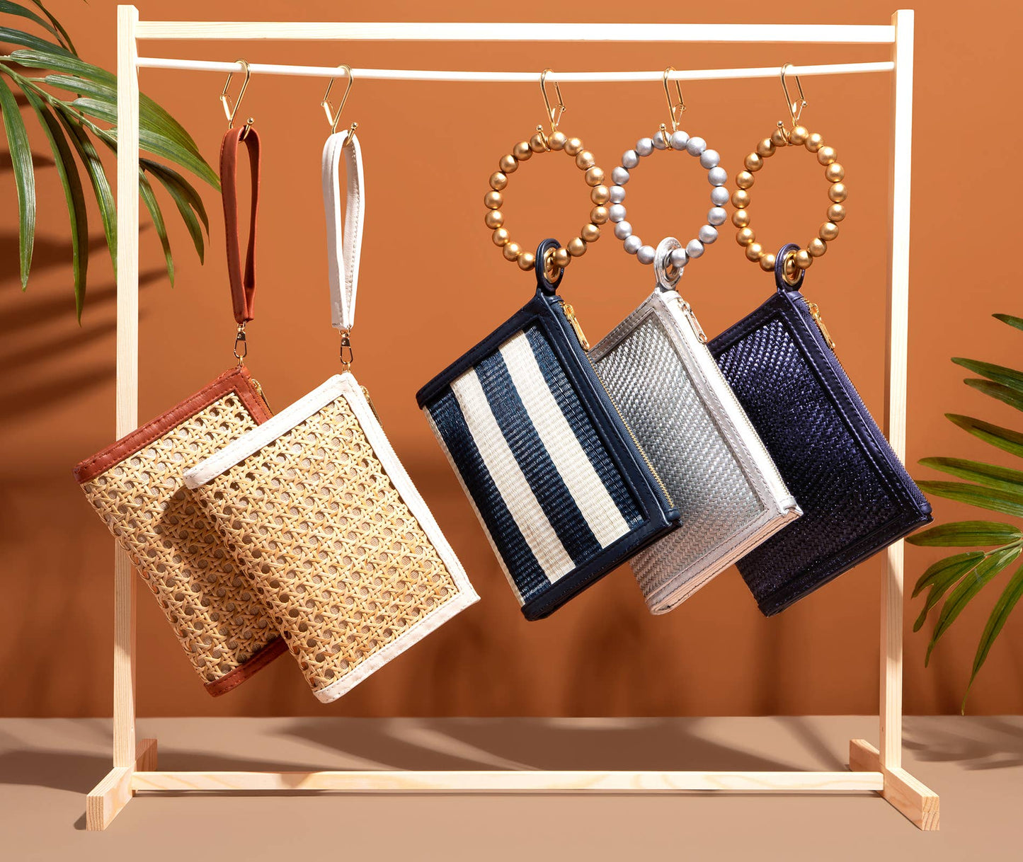 Navy Blue Woven Gold Bead Handle Wristlet Pouch  | Summer