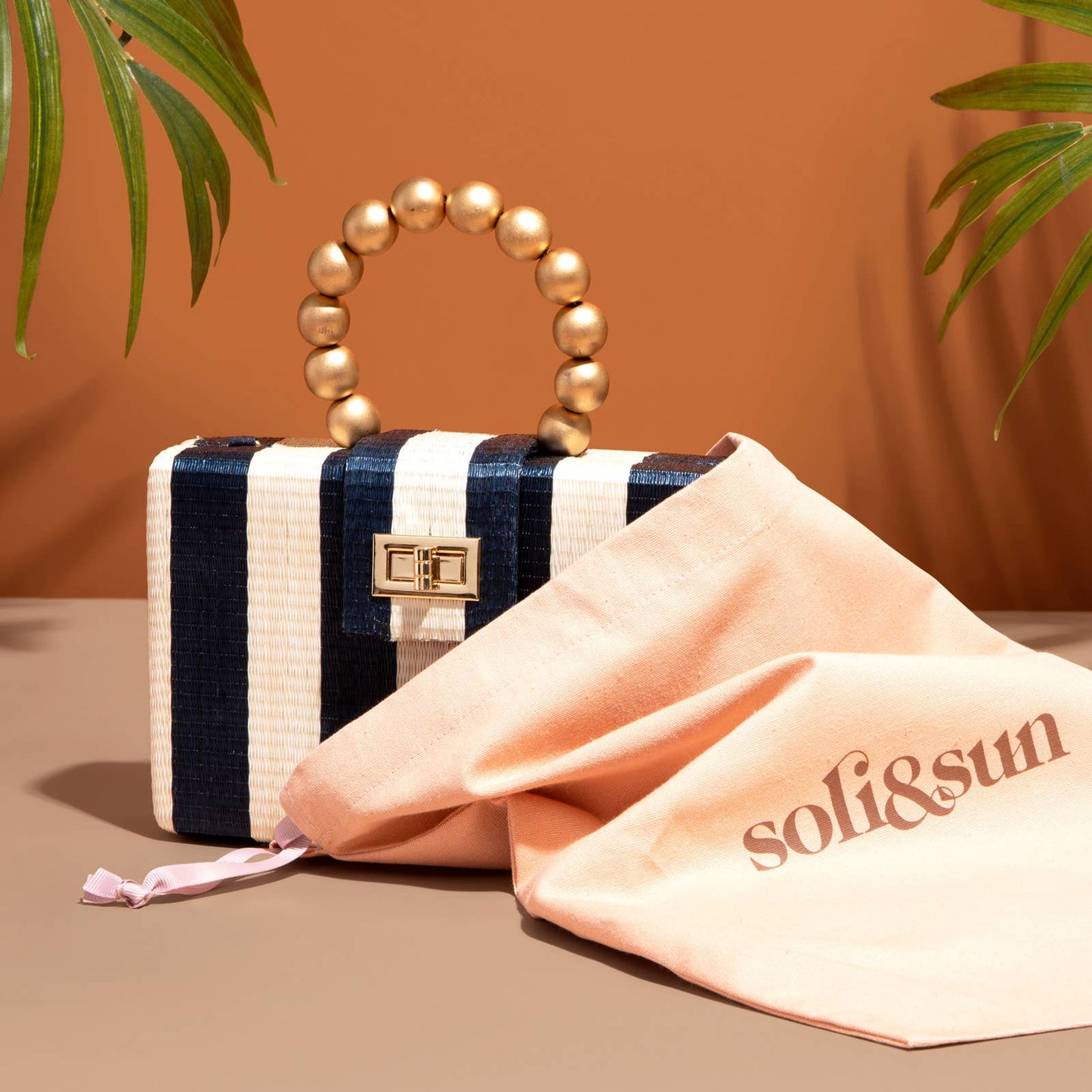 Navy Stripe Clutch | Gold Bead Handle |