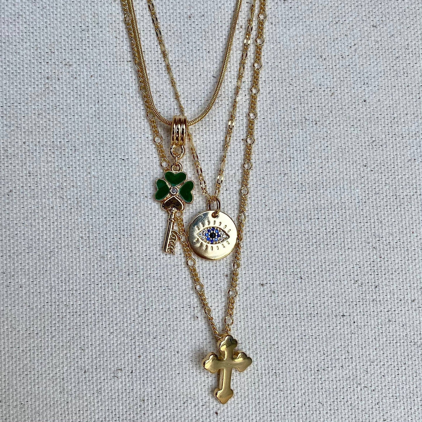 18K Gold-Filled Evil Eye, Lucky Clover, Cross Necklace
