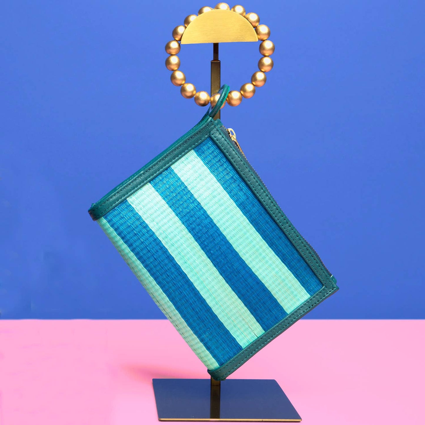 Blue & Turquoise Stripe Woven Straw Wristlet Pouch | Summer