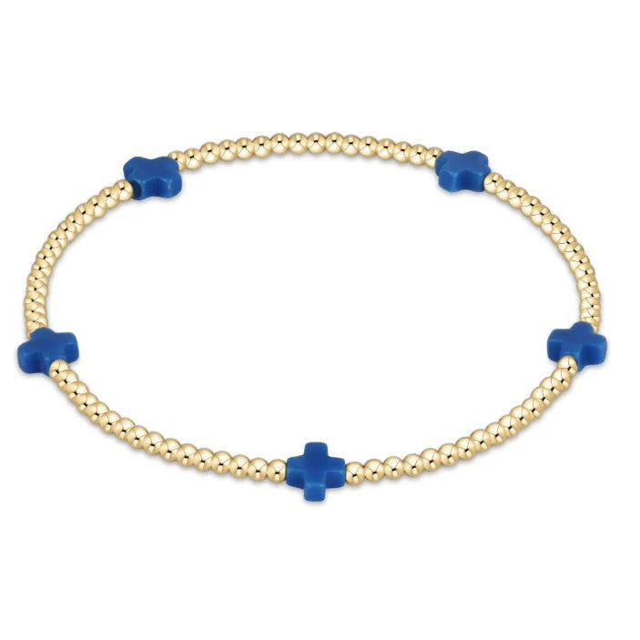 SIGNATURE CROSS SMALL GOLD PATTERN 2MM BEAD BRACELET - COBALT