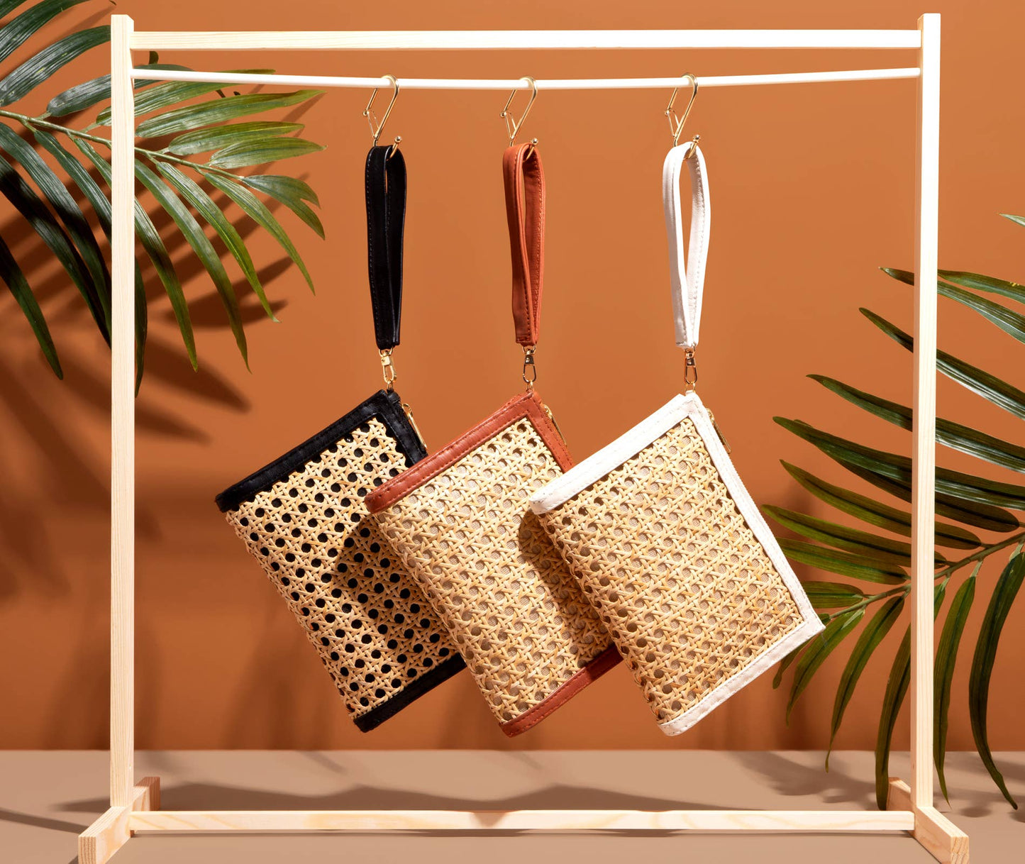 Cream Woven  Rattan & Leather  Wristlet Pouch  | Summer Luxe